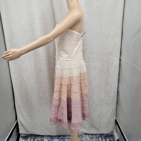 Carmen Marc Valvo Strapless Lace Dress in Cream Pink Mauve Ombre Midi Length - Picture 6 of 15
